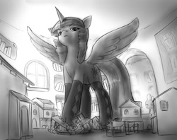 Size: 1144x907 | Tagged: source needed, safe, artist:alloyrabbit, spike, twilight sparkle, twilight sparkle (alicorn), alicorn, dragon, pony, clothes, crushing, evil, female, giant pony, grayscale, hooves, library, macro, mare, mega twilight sparkle, model, monochrome, socks, spread wings