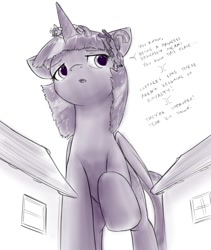 Size: 1175x1389 | Tagged: safe, artist:alloyrabbit, twilight sparkle, twilight sparkle (alicorn), alicorn, pony, female, giant pony, giantess, macro, mare, monochrome, shoulder angel, shoulder devil, talking, temptation, tyrant sparkle