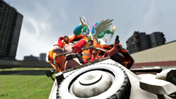 Size: 900x506 | Tagged: safe, artist:crackernut, princess celestia, alicorn, pony, 3d, car, engineer, explosion, gmod, gun, medic, scout, team fortress 2