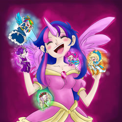 Size: 2001x2012 | Tagged: safe, artist:himram, applejack, fluttershy, pinkie pie, rainbow dash, rarity, twilight sparkle, twilight sparkle (alicorn), human, magical mystery cure, chibi, clothes, coronation dress, dress, happy, horned humanization, humanized, mane six, micro, size difference, smiling, winged humanization, wings