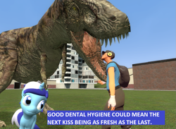 Size: 1031x753 | Tagged: safe, minuette, dinosaur, human, pony, tyrannosaurus rex, unicorn, female, fetish, gmod, imminent vore, mare, scout, team fortress 2