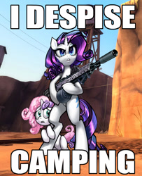 Size: 846x1040 | Tagged: safe, artist:vombavr, derpibooru import, rarity, sweetie belle, pony, unicorn, dustbowl, gun, image macro, m14, rarity despises camping, rifle, team fortress 2