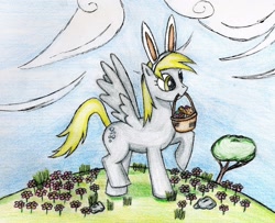 Size: 1024x831 | Tagged: safe, artist:gangsterlovin, derpy hooves, pegasus, pony, basket, bunny ears, easter, easter egg, female, flower, giant pony, macro, mare, mouth hold, solo, traditional art