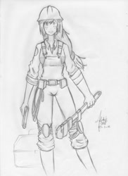 Size: 762x1048 | Tagged: safe, artist:oyedraws, derpibooru import, applejack, human, crossover, engineer, humanized, monochrome, solo, team fortress 2, traditional art