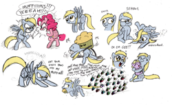 Size: 1200x735 | Tagged: safe, artist:mickeymonster, derpy hooves, dinky hooves, pinkie pie, parasprite, pegasus, pony, cute, derpabetes, female, finding nemo, hug, mare, muffin, sketch, sketch dump