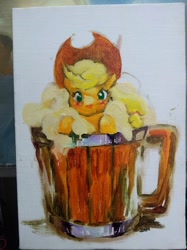 Size: 400x534 | Tagged: safe, artist:garaganzya, applejack, earth pony, pony, cup, cup of pony, drink, irl, micro, solo, traditional art