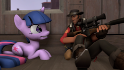 Size: 1024x576 | Tagged: safe, artist:fd-daylight, twilight sparkle, friendship is magic, 3d, crossover, grin, gun, prone, rifle, sitting, smiling, sniper, source filmmaker, squee, team fortress 2, weapon