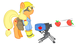 Size: 900x508 | Tagged: safe, artist:0r0ch1, artist:wanshitong, derpibooru import, applejack, earth pony, pony, crossover, engineer, simple background, solo, team fortress 2, transparent background, turret, vector