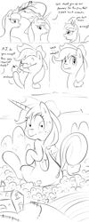 Size: 1000x2500 | Tagged: safe, artist:khorme, applejack, princess cadance, princess celestia, princess luna, twilight sparkle, twilight sparkle (alicorn), alicorn, earth pony, pony, twilight's kingdom, alicorn applejack, apple, applecorn, comic, giant pony, growth, macro, mega applejack, monochrome, race swap, sitting, sweatdrop, sweet apple acres