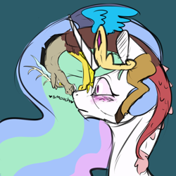 Size: 1000x1000 | Tagged: safe, artist:hawkwhisker, discord, princess celestia, alicorn, pony, blushing, boop, dislestia, female, frown, heart, kissing, male, micro, nose kiss, noseboop, pony hat, shipping, smiling, straight, wide eyes