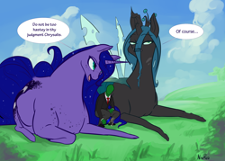 Size: 1680x1200 | Tagged: safe, artist:nivrozs, princess luna, queen chrysalis, oc, oc:anon, changeling, changeling queen, human, chubby, freckles, frown, macro, magnifying glass, open mouth, prone, size difference, smiling, speech bubble, squatting, unamused