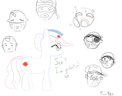 Size: 636x500 | Tagged: safe, artist:scouthiro, nurse redheart, 30 minute art challenge, chibi, demoman, glasses, heavy, medic, nurse, pyro, scout, sniper, soldier, spy, team fortress 2