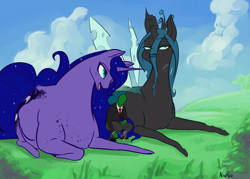 Size: 1680x1200 | Tagged: safe, artist:nivrozs, princess luna, queen chrysalis, oc, oc:anon, alicorn, changeling, changeling queen, pony, chubby, freckles, frown, macro, magnifying glass, open mouth, prone, size difference, smiling, squatting, unamused