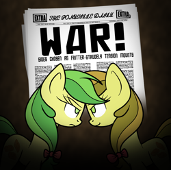 Size: 796x791 | Tagged: safe, artist:tertonda, apple fritter, apple strudely, apple family member, newspaper, team fortress 2, war update