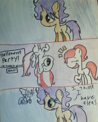 Size: 653x808 | Tagged: safe, artist:macroscopicponies, prince dusk, twilight sparkle, oc, oc:lover heart, oc:peppermint pattie, oc:pumpkin spice, alicorn, comic, dialogue, hair, macro, micro, rule 63, traditional art