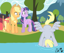 Size: 1023x848 | Tagged: safe, artist:lowhitney, applejack, derpy hooves, twilight sparkle, earth pony, pegasus, pony, cart, drinking, female, mare, raised hoof