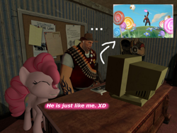 Size: 1024x768 | Tagged: safe, artist:oudieth, derpibooru import, pinkie pie, earth pony, human, pony, 3d, crossover, female, gmod, heavy, human male, male, mare, pyro, team fortress 2