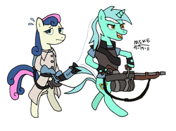 Size: 800x599 | Tagged: safe, artist:mikefox2400, bon bon, lyra heartstrings, sweetie drops, pony, bipedal, heavy, medic, team fortress 2