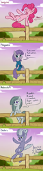 Size: 1600x6400 | Tagged: safe, artist:dsp2003, limestone pie, marble pie, maud pie, pinkie pie, earth pony, pony, 2017, 4chan, absurd resolution, comic, cute, doge, drawthread, female, fence, four humors, four temperaments, jumping, marblebetes, mare, monologue, parkour, parody, pie sisters, trait, updated