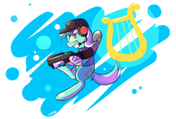 Size: 1236x836 | Tagged: safe, artist:haute-claire, lyra heartstrings, pony, unicorn, cap, clothes, commission, female, grin, hat, headset, mare, smiling, team fortress 2, weapon