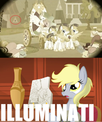 Size: 1904x2280 | Tagged: artist needed, safe, derpy hooves, princess celestia, alicorn, pegasus, pony, conspiracy, female, giorgio a. tsoukalos, illuminati, mare