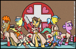 Size: 3500x2254 | Tagged: dead source, safe, artist:cordaxir, doctor fauna, doctor horse, doctor muffin top, doctor stable, nurse coldheart, nurse redheart, nurse sweetheart, nurse tenderheart, earth pony, pony, unicorn, bipedal, clothes, crossover, cutie mark, doctor, eyes closed, gun, high res, hippocrates, horse md, medic, mouth hold, nurse, team fortress 2, vet, weapon