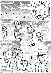 Size: 904x1280 | Tagged: safe, artist:ahobobo, princess ember, rainbow dash, rarity, dragon, pegasus, pony, unicorn, comic:expanding relations, bloodstone scepter, blushing, carousel boutique, chubby, drool, exclamation point, fanfic, fanfic art, fat, grayscale, hungry, monochrome, raritubby, resisting the urge to vore, surprised, this will end in weight gain