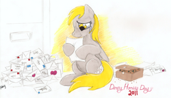 Size: 1064x614 | Tagged: safe, artist:foxxy-arts, derpy hooves, pegasus, pony, crying, female, mail, mare, muffin