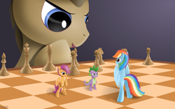 Size: 3840x2400 | Tagged: safe, artist:roadsleadme, doctor whooves, rainbow dash, scootaloo, spike, pegasus, pony, bipedal, chess, chessboard, micro