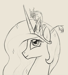 Size: 636x700 | Tagged: safe, artist:celestiathegreatest, discord, princess celestia, alicorn, pony, micro, monochrome