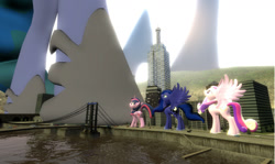 Size: 1286x768 | Tagged: safe, artist:iamyou, princess cadance, princess celestia, princess luna, twilight sparkle, twilight sparkle (alicorn), alicorn, pony, 3d, alicorn tetrarchy, female, giant pony, giantlestia, gmod, hooves, macro, mare, mega cadance, mega luna, mega twilight sparkle