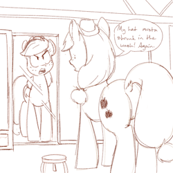 Size: 700x700 | Tagged: safe, artist:goat train, applejack, earth pony, pony, dialogue, macro, mirror, monochrome, solo