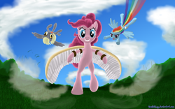 Size: 2000x1250 | Tagged: safe, artist:deathpwny, derpy hooves, pinkie pie, rainbow dash, earth pony, pegasus, pony, bipedal, female, flying, mare, trio, wings