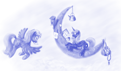 Size: 1500x876 | Tagged: safe, artist:grayma1k, derpy hooves, princess luna, alicorn, pegasus, pony, bird house, crescent moon, female, flying, kettle, letter, mare, monochrome, moon, mouth hold, mug, s1 luna, tangible heavenly object, transparent moon