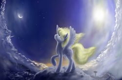 Size: 1526x1000 | Tagged: safe, artist:grayma1k, derpy hooves, pegasus, pony, female, mare, moon, night, solo, stars