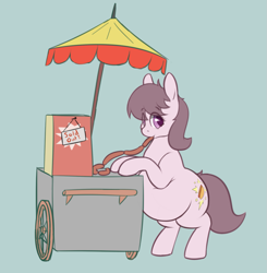 Size: 1209x1235 | Tagged: safe, artist:heftyhorsehostler, oc, oc only, oc:hot dogger, earth pony, pony, belly, big belly, bipedal, bipedal leaning, blue background, eating, fat, food, hot dog, hot dog stand, leaning, meat, ponies eating meat, sausage, simple background, solo, squishy, stuffed