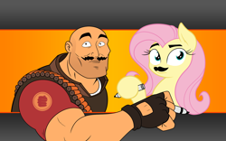 Size: 1920x1200 | Tagged: safe, artist:joey darkmeat, artist:vexx3, derpibooru import, fluttershy, human, pony, crossover, heavy, moustache, team fortress 2, wallpaper, wat