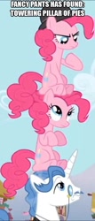 Size: 462x1080 | Tagged: safe, derpibooru import, edit, edited screencap, screencap, fancypants, pinkie pie, earth pony, pony, unicorn, too many pinkie pies, clone, cropped, female, image macro, male, mare, pinkie clone, sitting, sitting on head, stallion, team fortress 2