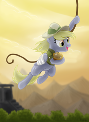 Size: 1968x2713 | Tagged: safe, artist:dawnmistpony, daring do, derpy hooves, pegasus, pony, bandage, clothes, costume, female, hat, mare, muffin, rope, solo