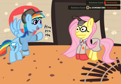 Size: 1000x700 | Tagged: safe, artist:krabbshack, derpibooru import, fluttershy, rainbow dash, pegasus, pony, cleaver, flying guillotine, medic, scout, team fortress 2