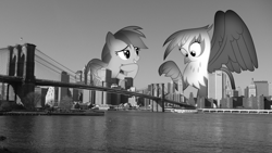 Size: 1920x1080 | Tagged: safe, artist:iamadinosaurrarrr, artist:somerandomminion, artist:xpesifeindx, gilda, rainbow dash, griffon, grayscale, highrise ponies, irl, macro, monochrome, new york, new york city, photo, ponies in real life