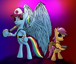 Size: 2340x1980 | Tagged: safe, artist:aaronmk, derpibooru import, rainbow dash, scootaloo, pegasus, pony, baseball bat, gun, scout, scoutaloo, shotgun, team fortress 2, weapon