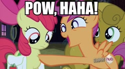 Size: 850x471 | Tagged: safe, apple bloom, scootaloo, sweetie belle, image macro, pow, sweetie gold, team fortress 2