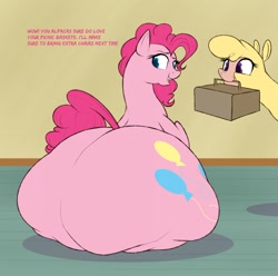 Size: 1280x1269 | Tagged: safe, artist:astr0zone, paprika paca, pinkie pie, alpaca, earth pony, pony, them's fightin' herds, community related, duo, fat, huge butt, impossibly large butt, large butt, long neck, looking back, mouth hold, picnic blanket, pudgy pie, sitting, the ass was fat, wide hips