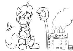 Size: 1700x1189 | Tagged: safe, artist:mrrowboat, oc, oc only, oc:ultramare, pony, bodysuit, eating, factory, giant pony, macro, monochrome, oats, sitting, solo