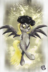 Size: 998x1498 | Tagged: safe, artist:miradge, derpy hooves, pony, bipedal, cloud, lightning, solo