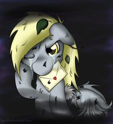 Size: 800x877 | Tagged: safe, artist:kiyoshiii, derpy hooves, pegasus, pony, crying, female, injured, letter, mare, sad