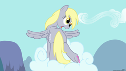 Size: 1920x1080 | Tagged: safe, artist:kyojiogami, derpy hooves, pegasus, pony, cloud, cloudy, cute, cutie mark, female, gum, hooves, looking down, mare, on a cloud, open mouth, plot, solo, spread wings, standing, standing on cloud, surprised, wallpaper, wings