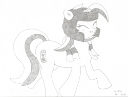 Size: 1994x1518 | Tagged: safe, artist:mc-ryan, minuette, eyes closed, grayscale, happy, hat, monochrome, pugilist's protector, simple background, smiling, solo, team fortress 2, toss-proof towel, towel, white background