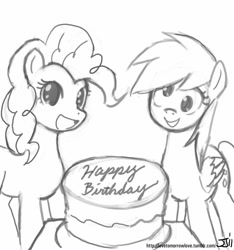 Size: 748x800 | Tagged: safe, artist:johnjoseco, derpy hooves, pinkie pie, pegasus, pony, cake, female, grayscale, mare, monochrome